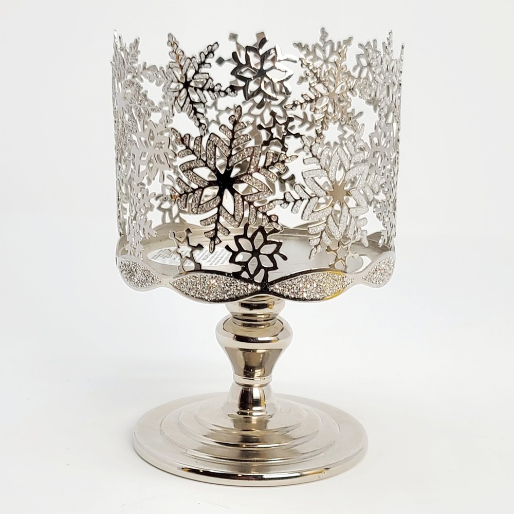 Bath & Body Works SNOWFLAKE Pedestal Candle Holder Glitter Silver Christmas